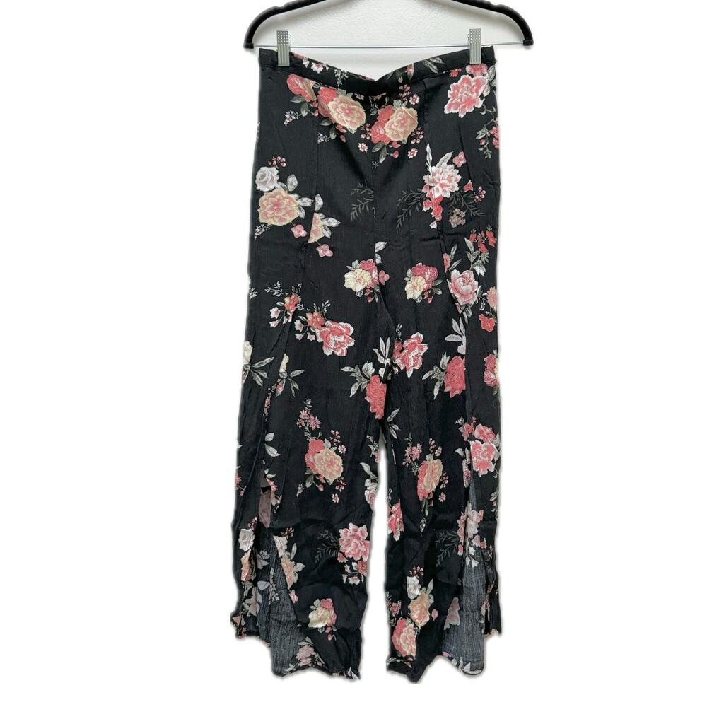 Black Floral Split Wide Leg Pants